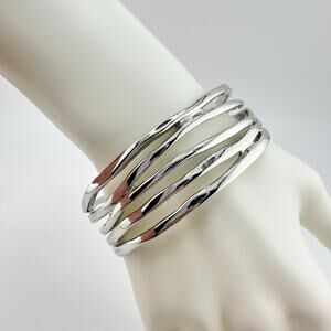 Organic Modern Wavy Abstract Chrome Finish Silver Tone 6.75" Cuff Bracelet